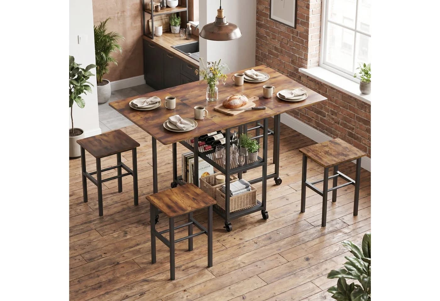 Mondeer Essgruppe Klapptisch-Set mit 4 Hockern Rustikales Braun