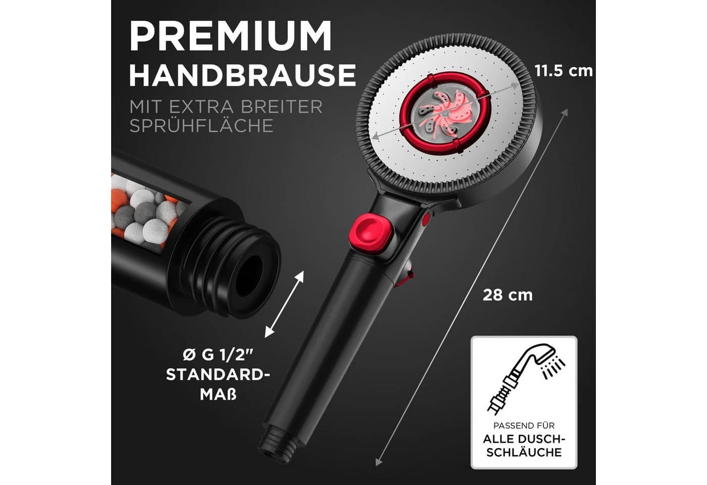 Lobenswerk Duschkopf mit Mineralperlenfilter & Boost-Funktion Schwarz Matt