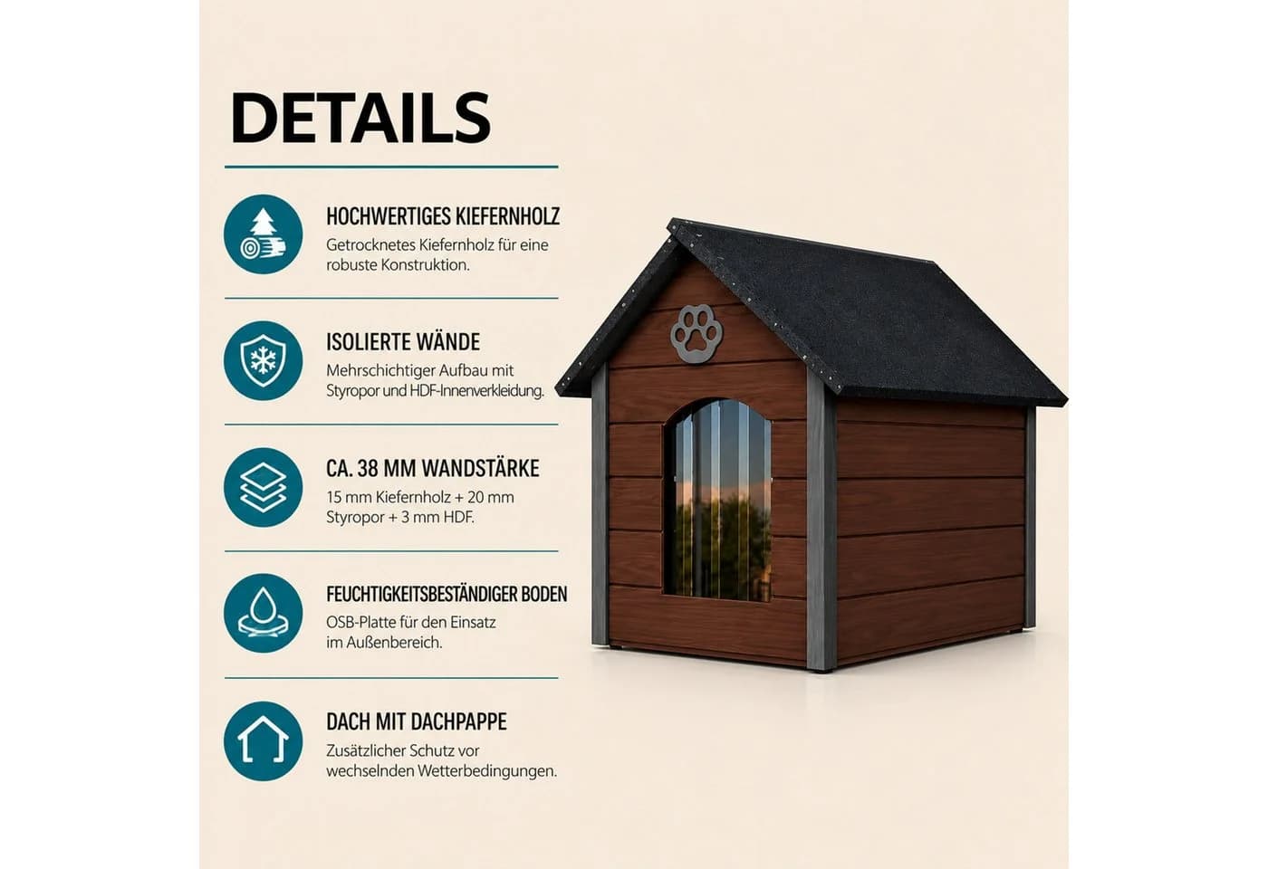 QLS Hundehütte XL 104x74cm isoliert mit Wärmeschutzvorhang