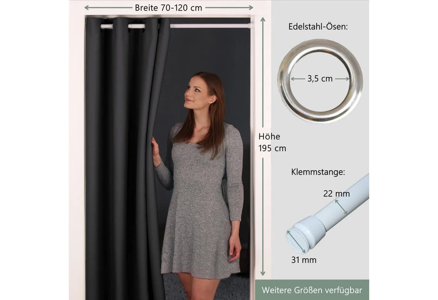 tinycurtains Türvorhang mit Stange weiß 70-120 cm Thermo Vorhang ohne Bohren, blickdicht, Polyester, verdunkelnd, Schwarz Eclipse