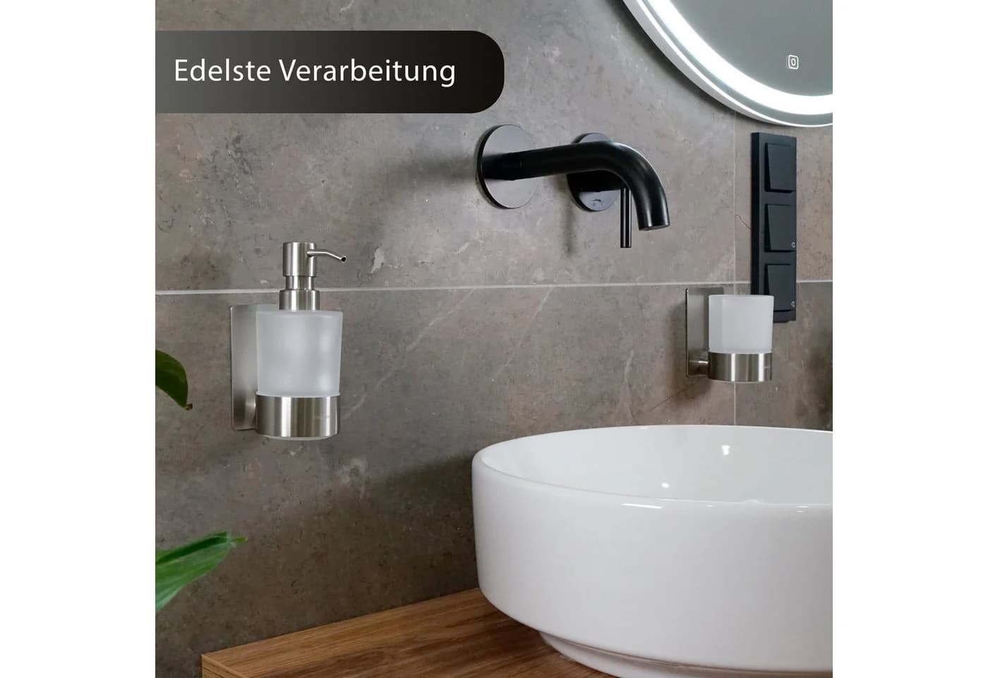 Dolvhin Seifenspender und Zahnputzbecher Set Weiß/Silber Milchglas Wandmontage