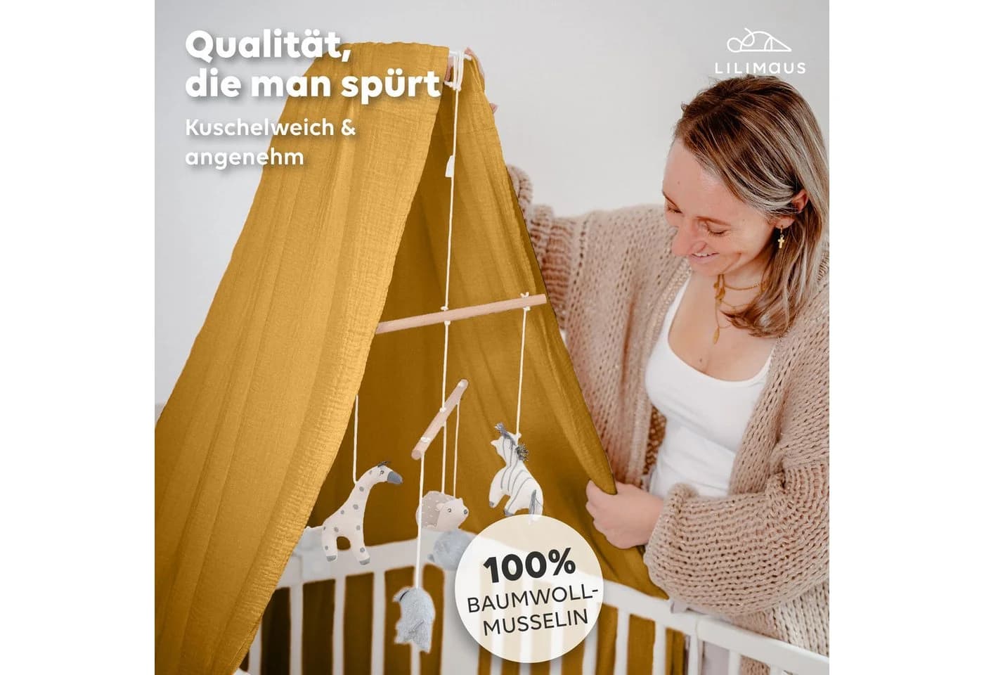 lilimaus Betthimmel Musselin 100% Baumwolle mit Himmelstange Gelb