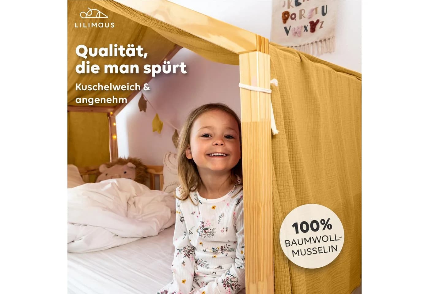 lilimaus Betthimmel Hausbett Musselin Gelb Kinderzimmerdeko