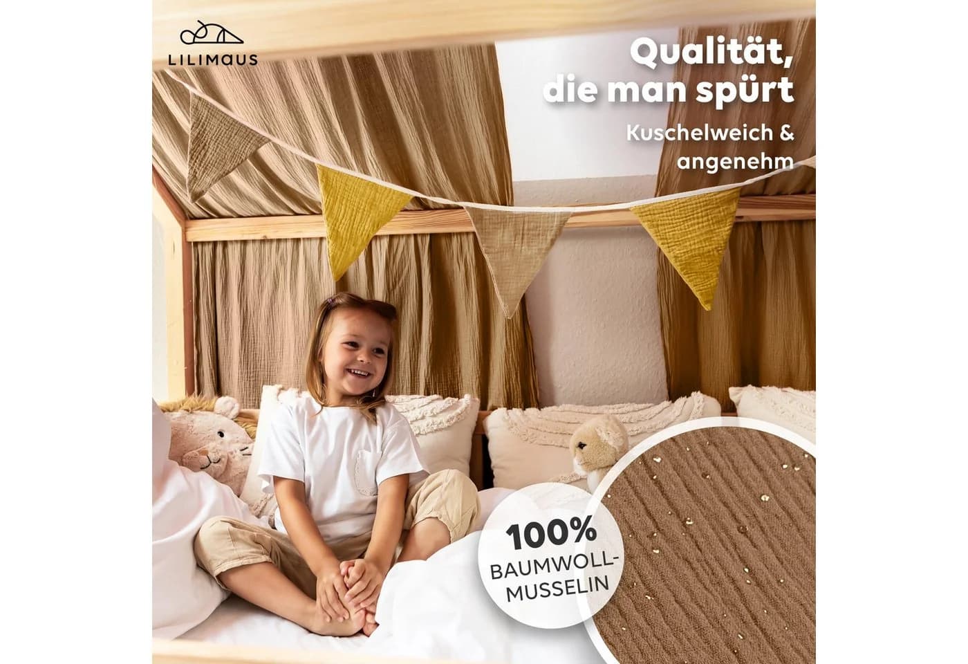 lilimaus Betthimmel Hausbett Gold Musselin 2er-Set