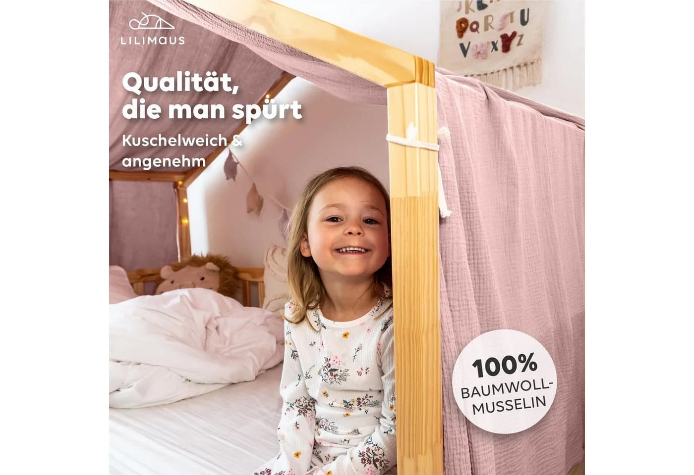 lilimaus Betthimmel Hausbetthimmel aus Musselin - Hausbett Deko für Mädchen & Jungen, Stilvolle Kinderzimmerdeko aus Baumwolle für gemütliche Hausbetten