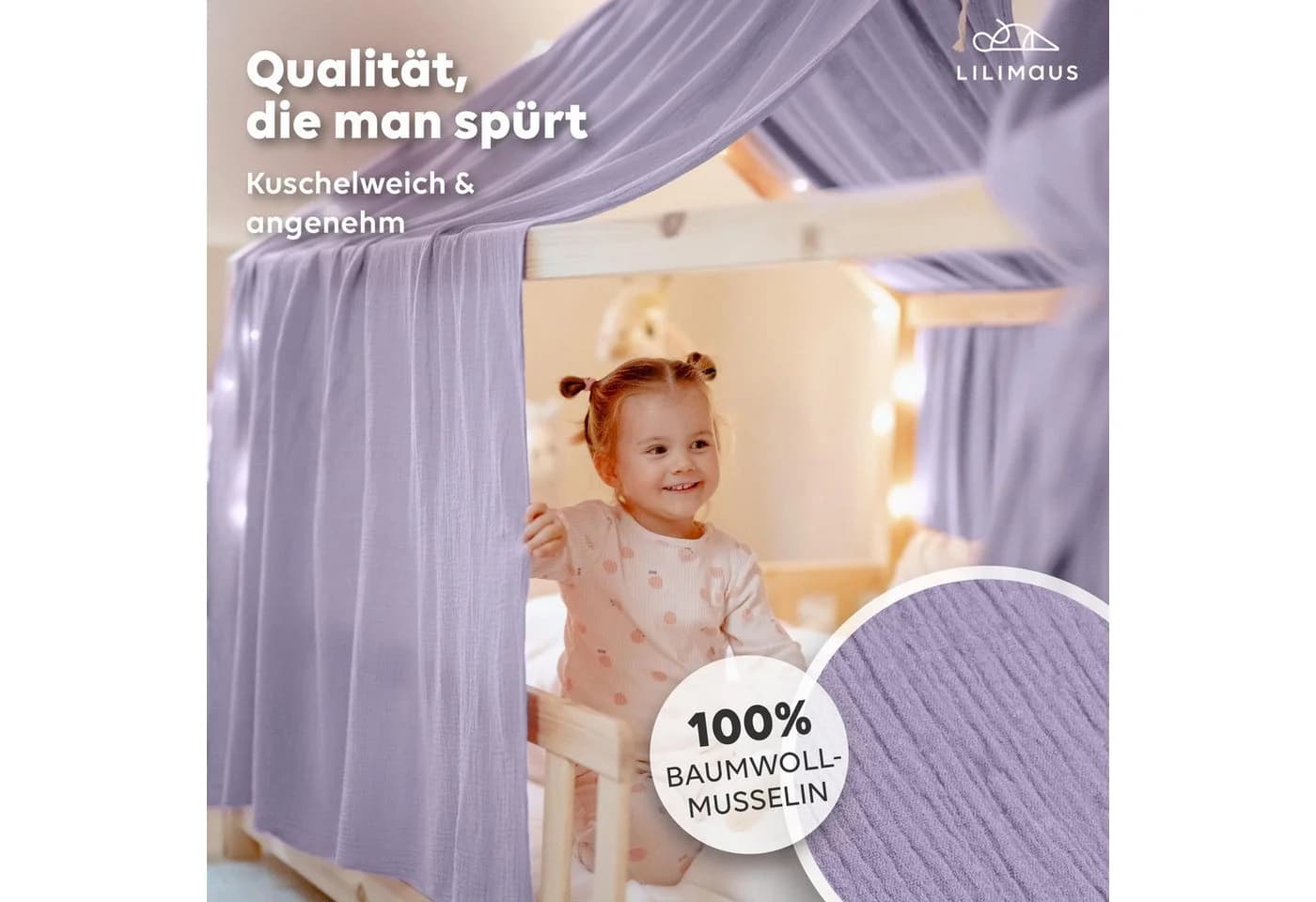lilimaus Betthimmel Hausbett 2er-Set aus 100% Musselin Violett