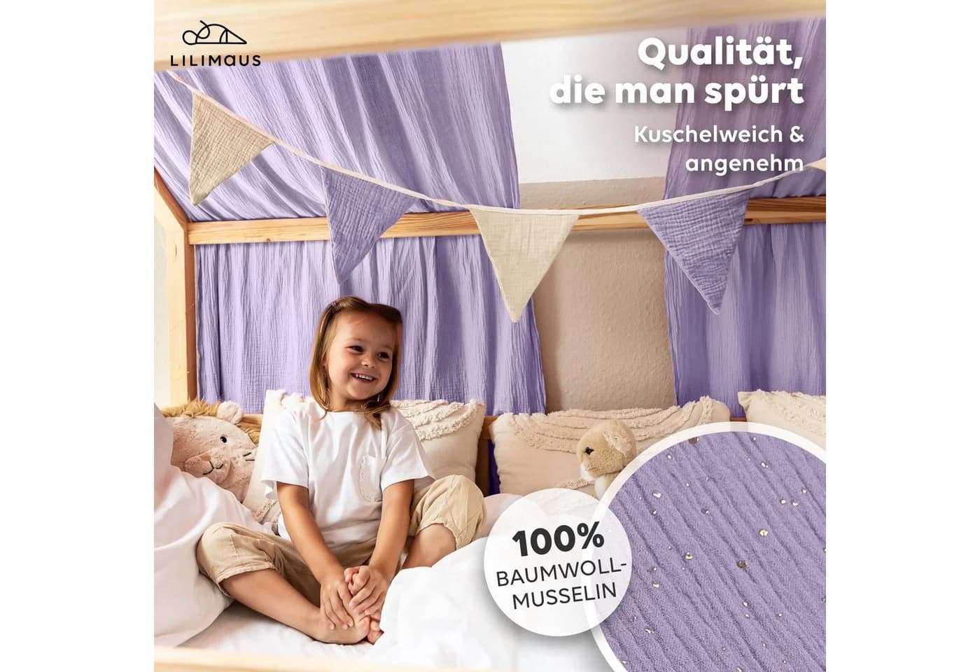 lilimaus Betthimmel Hausbett Gold 100% Musselin Baumwolle