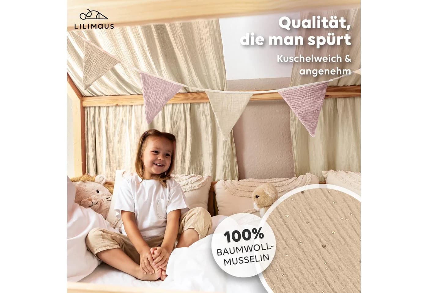 lilimaus Betthimmel Musselin Hausbett mit Gold Applikation