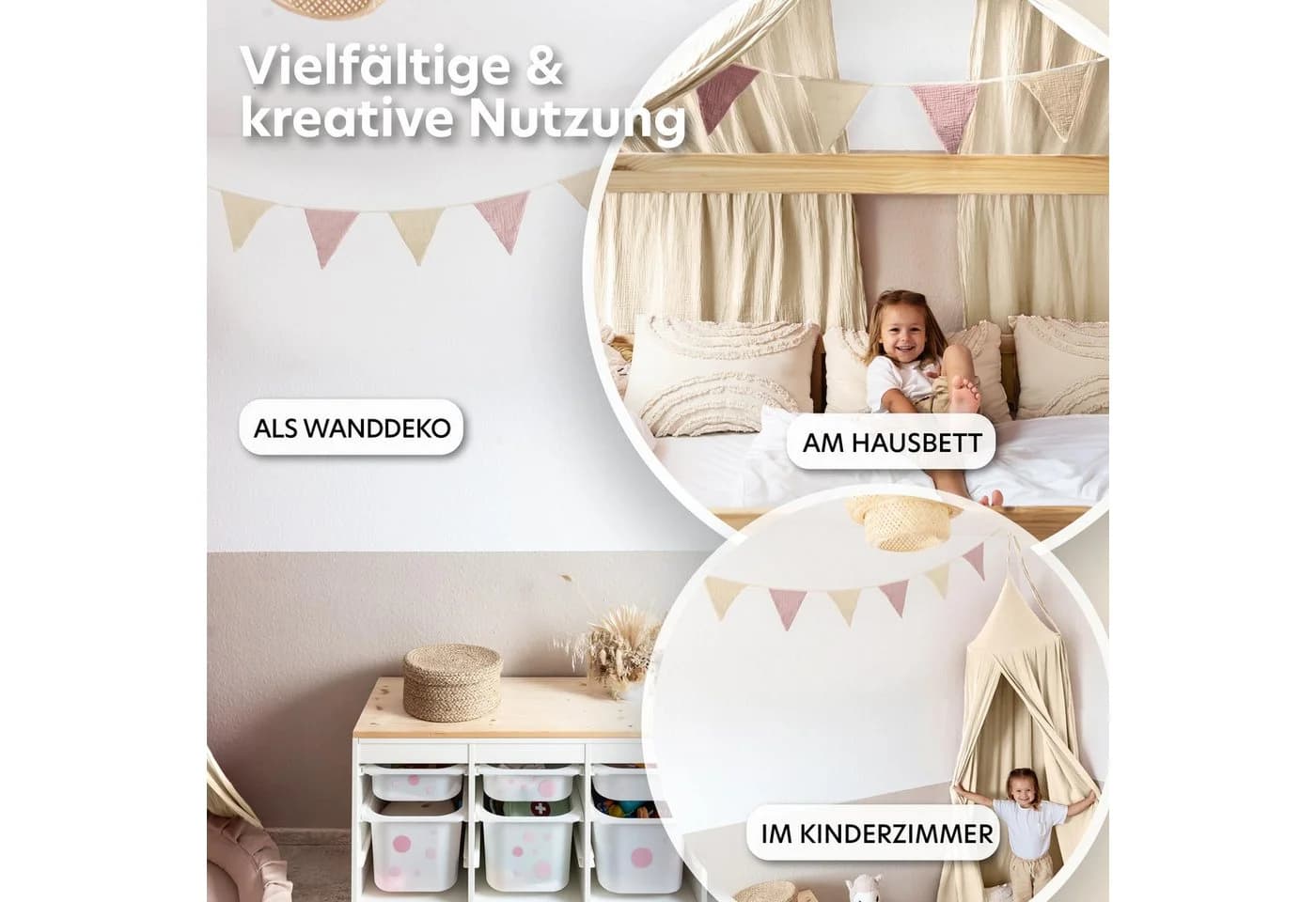 lilimaus Wimpelkette Handgemacht Musselin Baumwolle Rosa Creme Kinderzimmer
