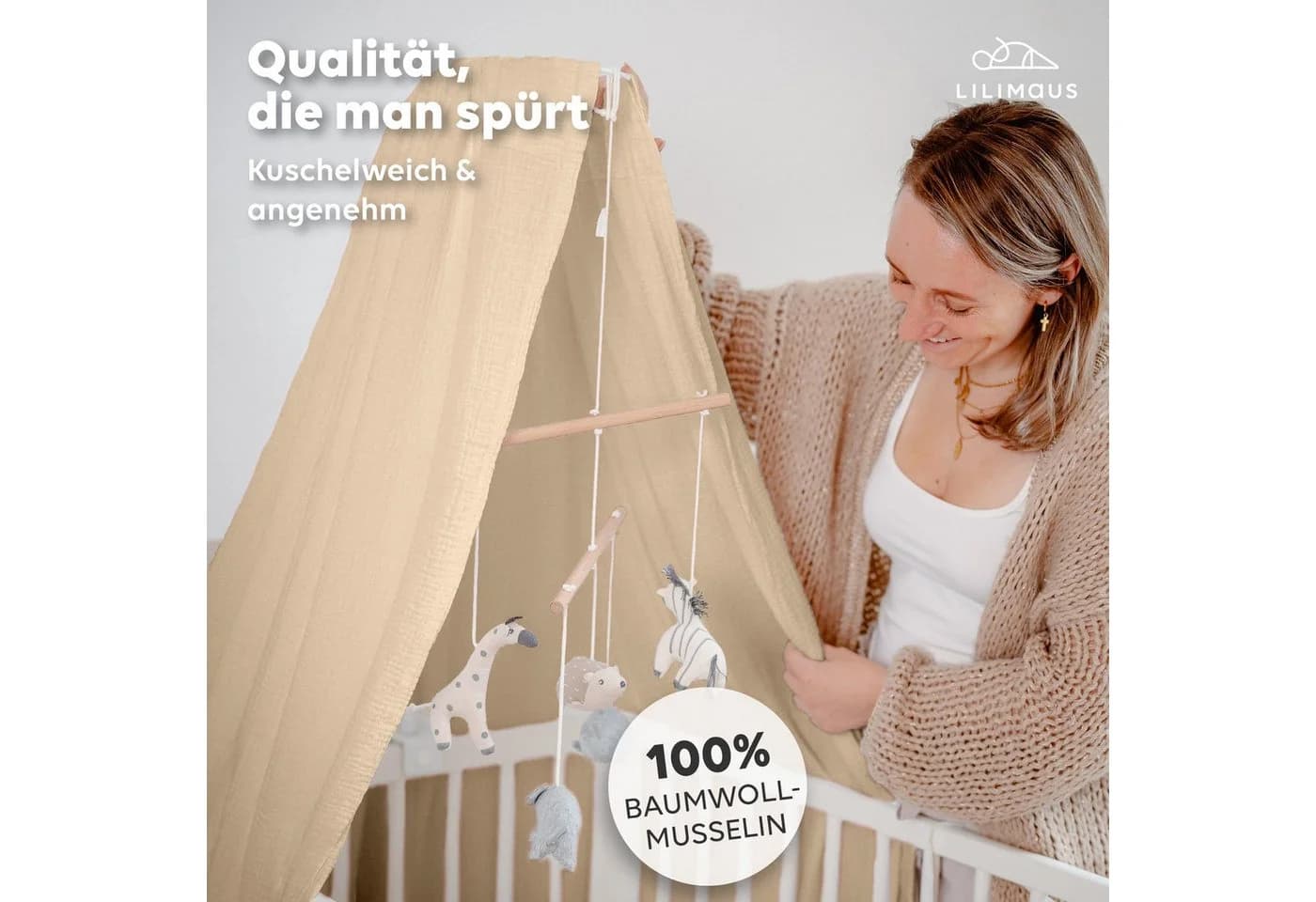 lilimaus Betthimmel Babybett aus 100% Musselin Beige mit Himmelstange