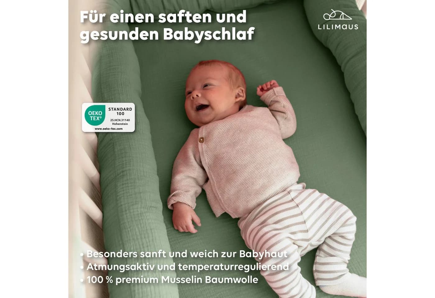 lilimaus Spannbettlaken Musselin Baby Bettlaken mit Rundum-Gummizug Grün