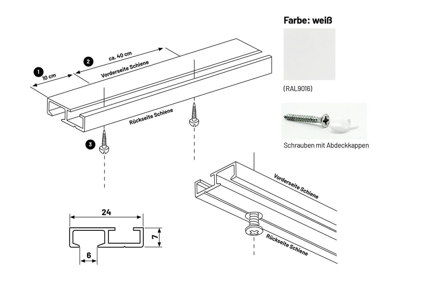 Deco-Raum Gardinenschiene Minimal Aluminium Weiß/Schwarz