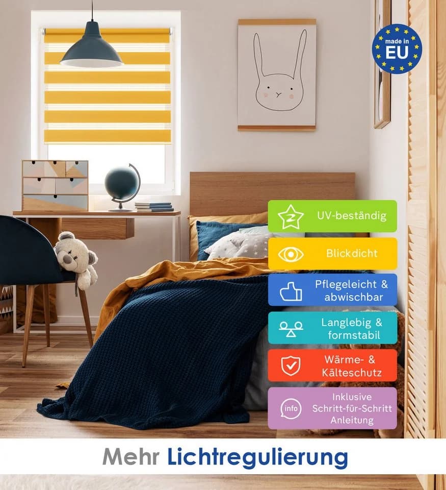 Rikmani Doppelrollo Klemmfix Gelb Sicht- und Sonnenschutz