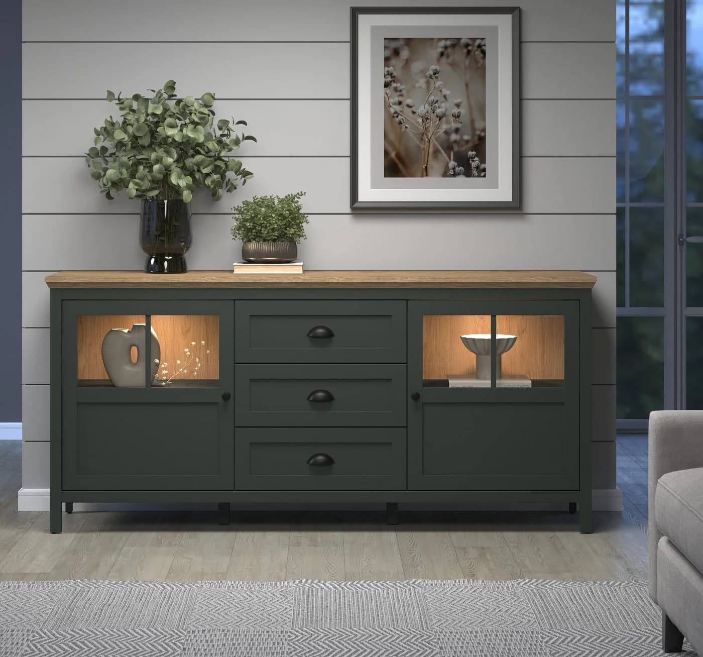 Furn.Design Sideboard Stanton Landhaus Grün Eiche LED
