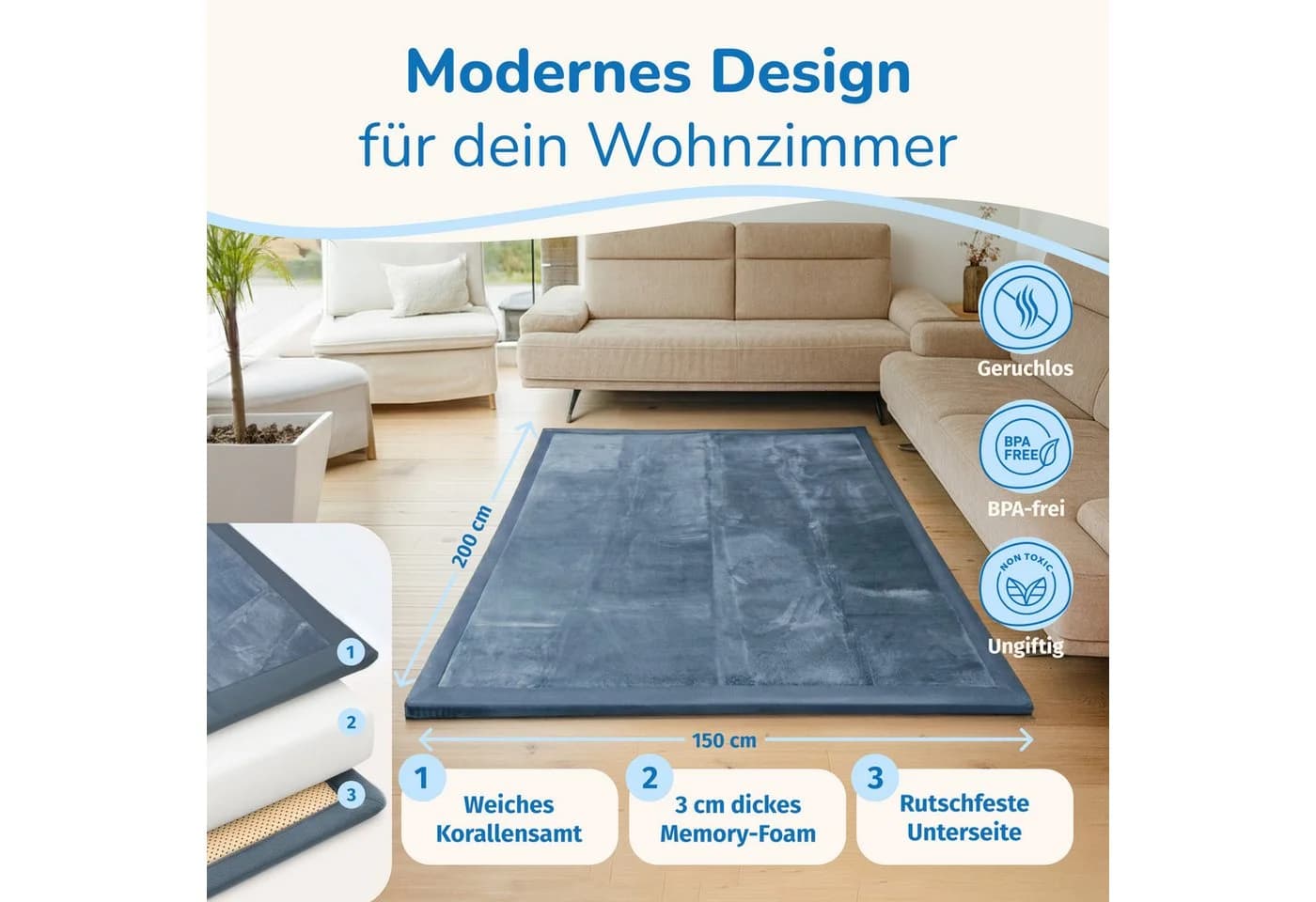 BabyBeFun Spielmatte Extra Weich 3cm Memory-Schaum Grau