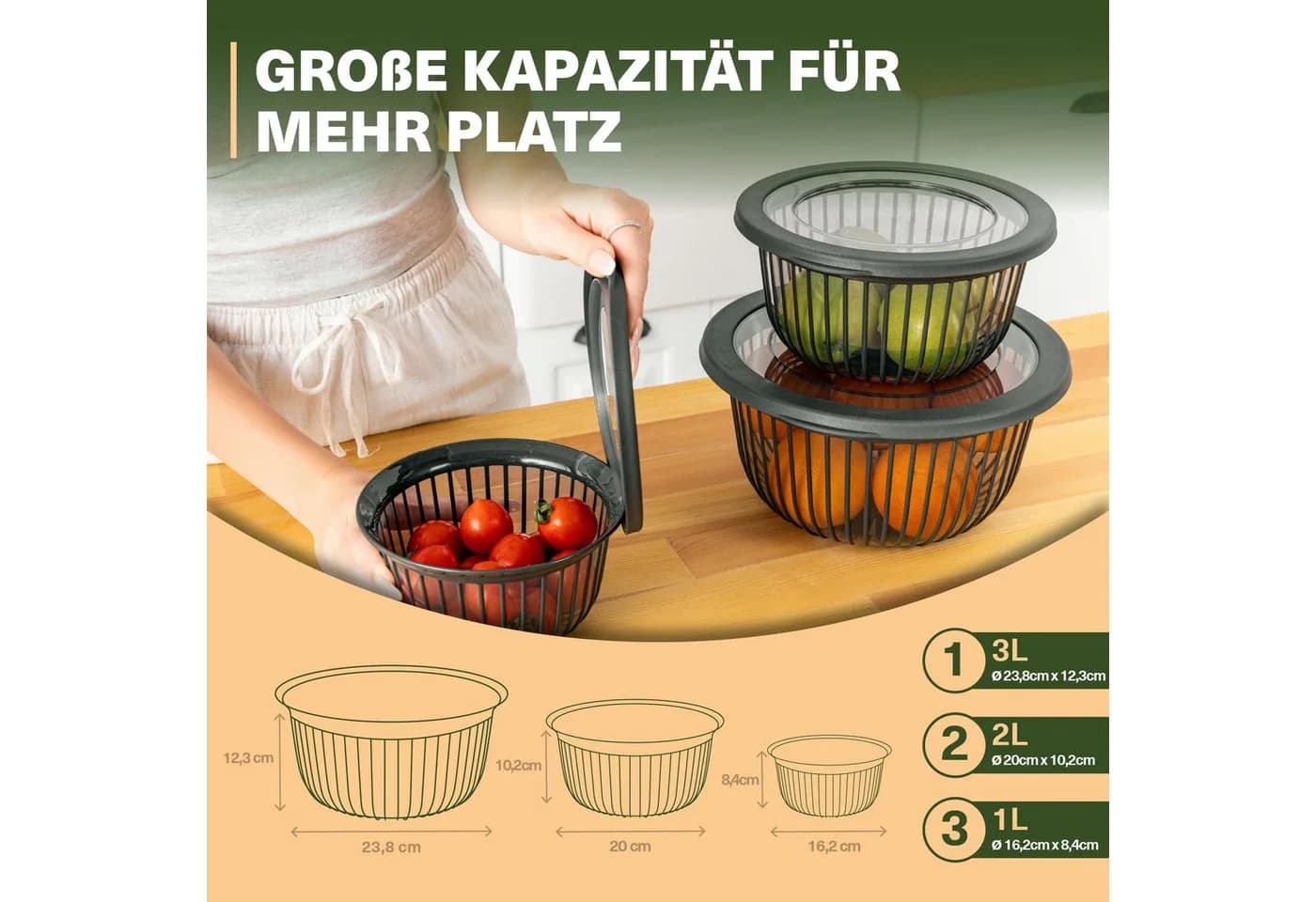 Viwares Schüssel-Set 3er mit Deckel 1-3 L Anthrazit Kunststoff