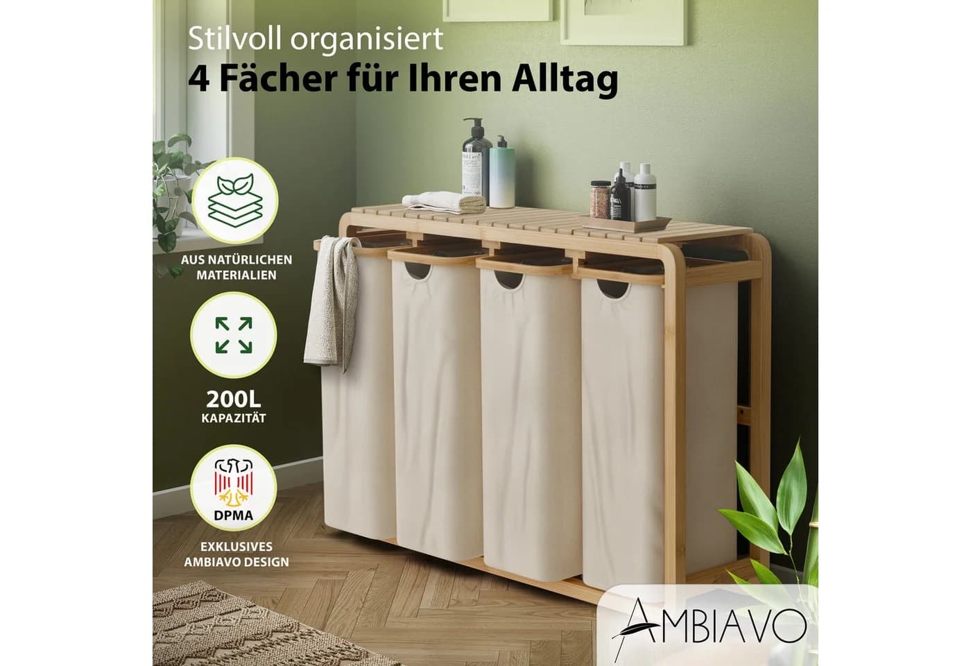 AMBIAVO Wäschekorb 4 Fächer 200 L Volumen Bambusrahmen