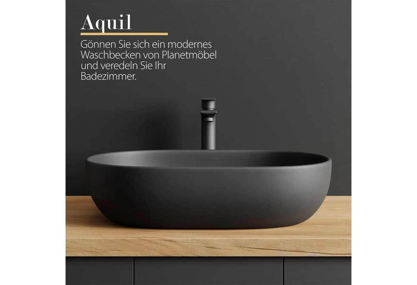 Planetmöbel Aufsatzwaschbecken Oval 60 cm Schwarz Matt Keramik