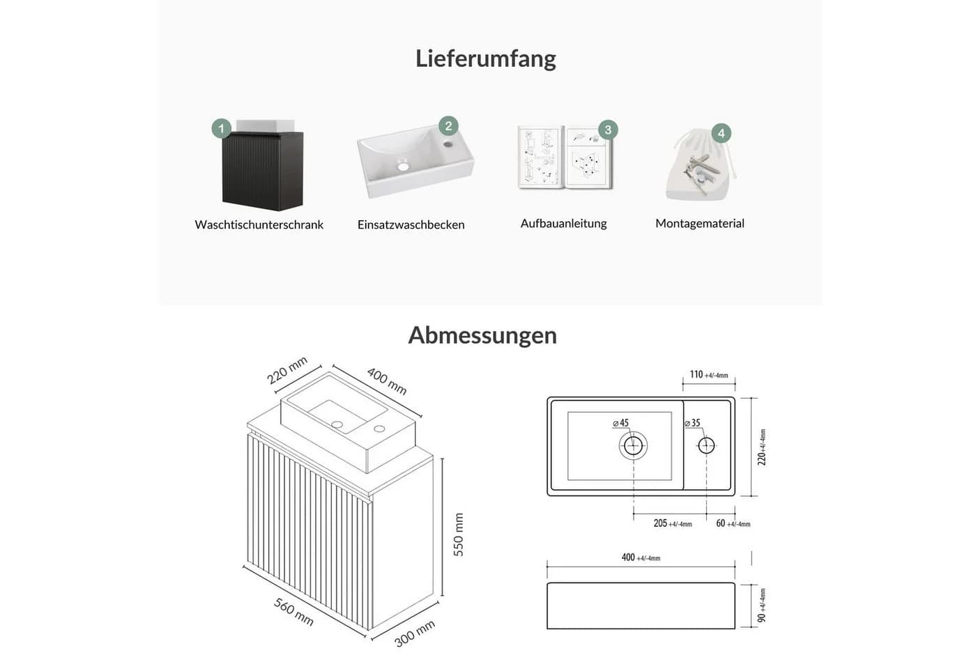 Planetmöbel Waschtisch 56 cm mit Soft-Close und wählbarer Platte