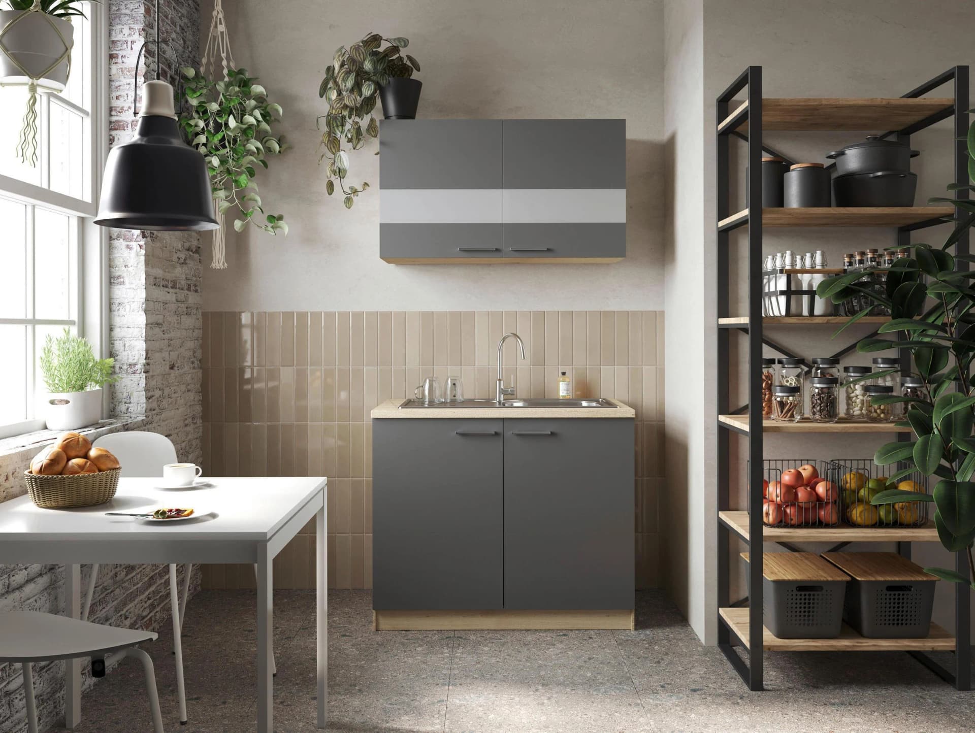 Pantryküche RESPEKTA Merle Grau Eiche 100cm mit Soft-Close