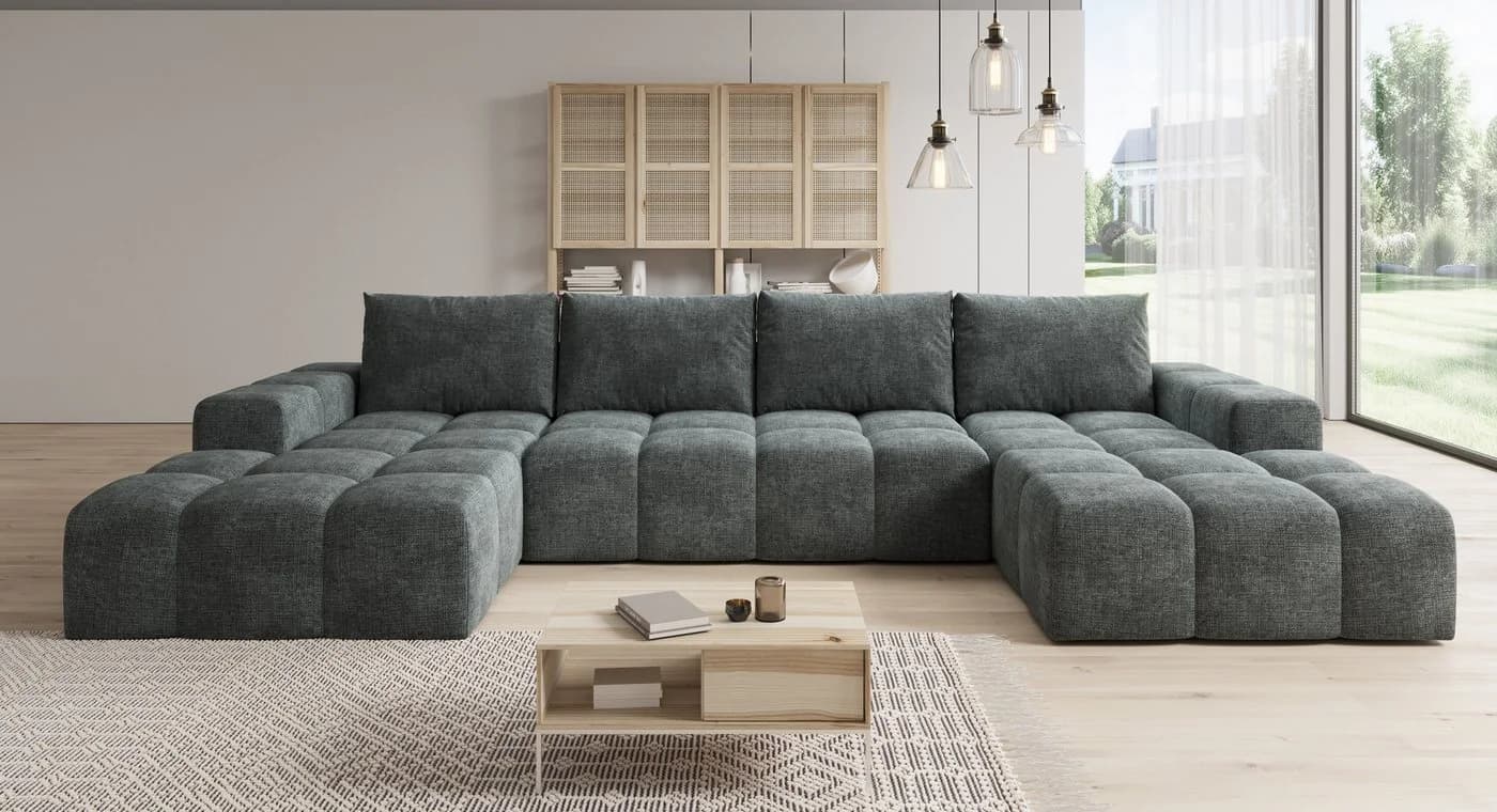 PROMETO Möbel Ecksofa U-Form Teddy-Bouclé Grau