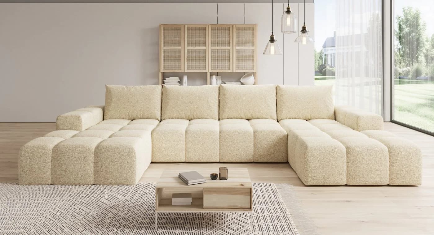 PROMETO Möbel Ecksofa U-Form Teddy-Bouclé