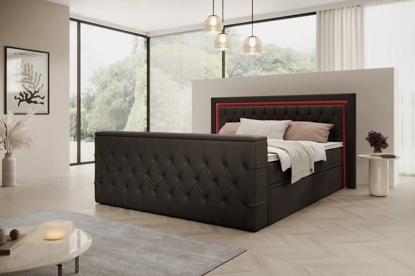 PROMETO Boxspringbett Arosa Schwarz mit TV-Lift, LED & Matratze