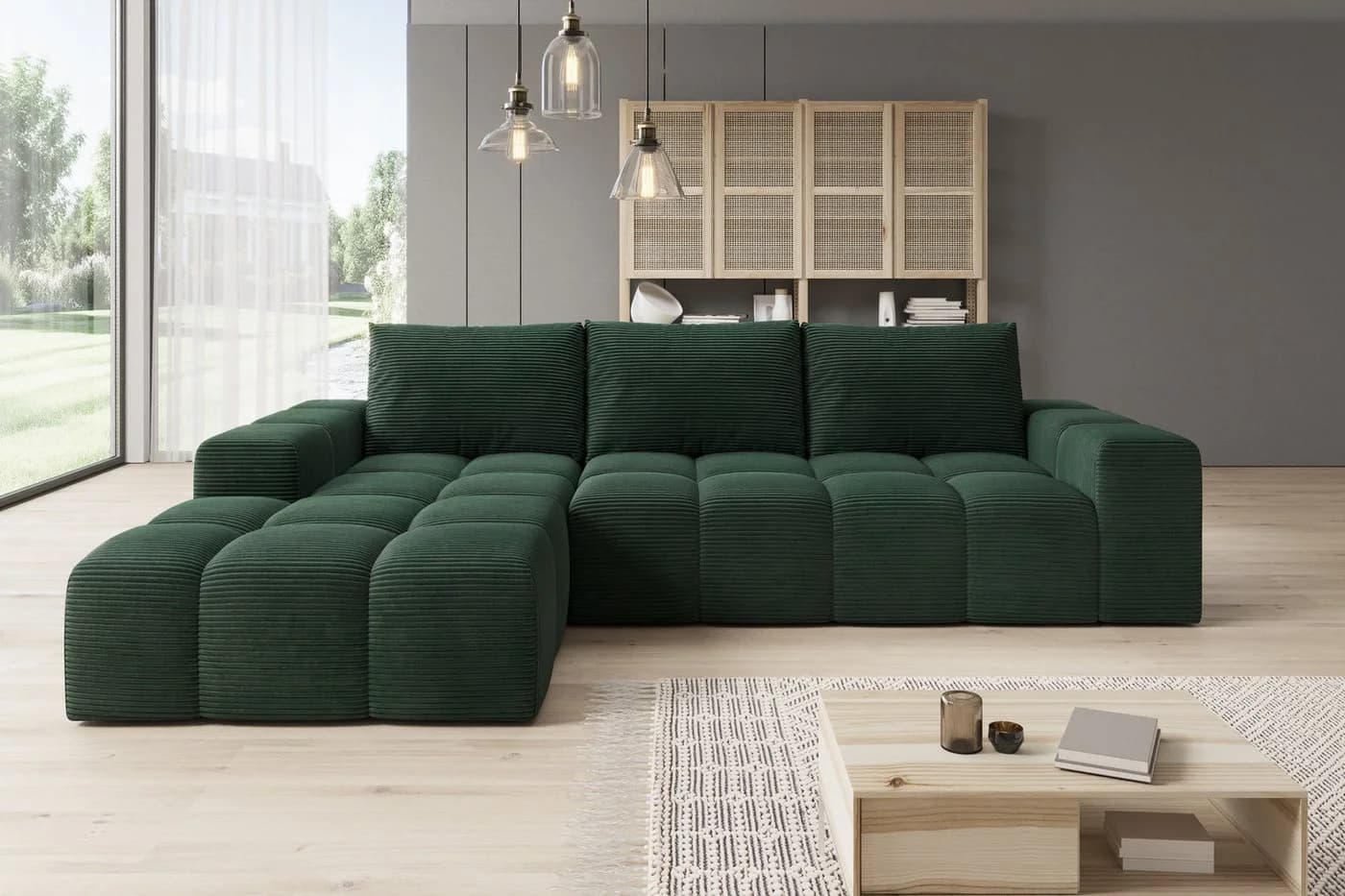 PROMETO Möbel Ecksofa Cento L-Form Teddy-Bouclé Grün