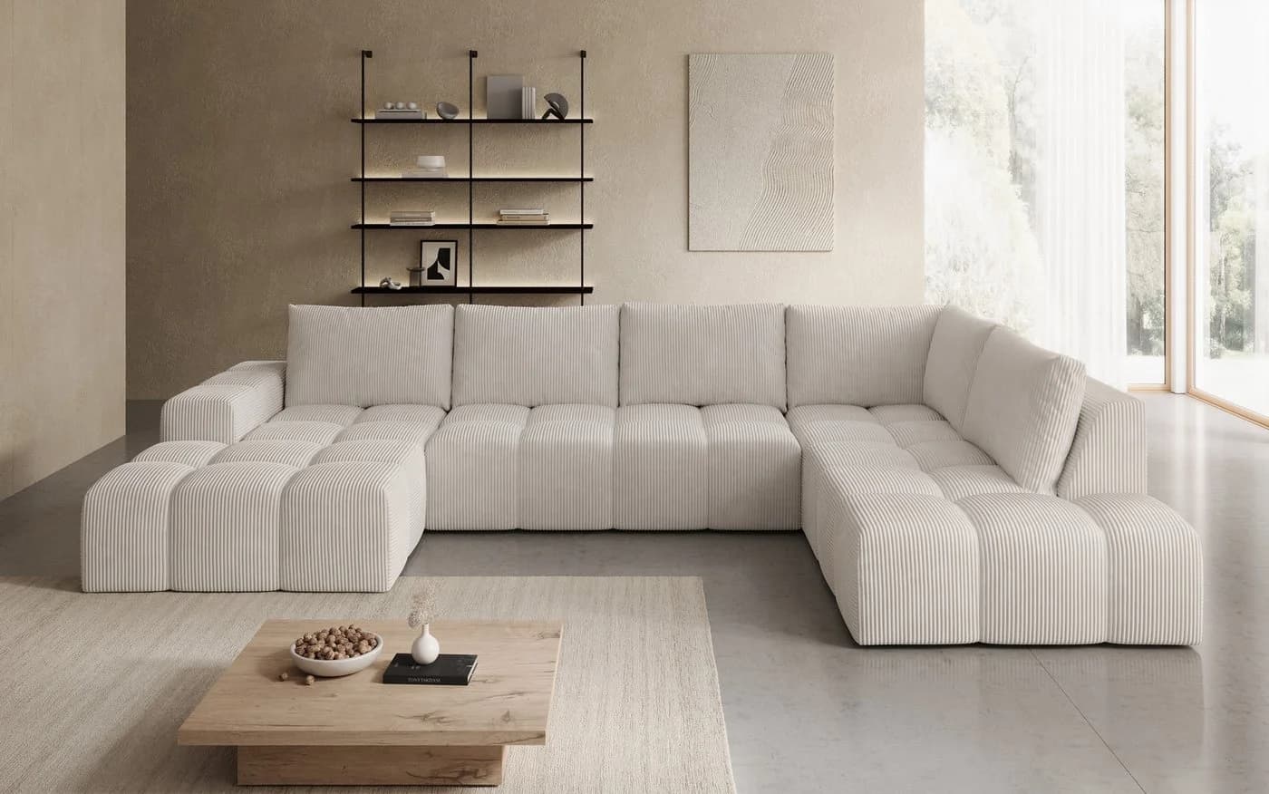 PROMETO Möbel Ecksofa U-Sofa Cord-Bezug mit 2 Ottomanen