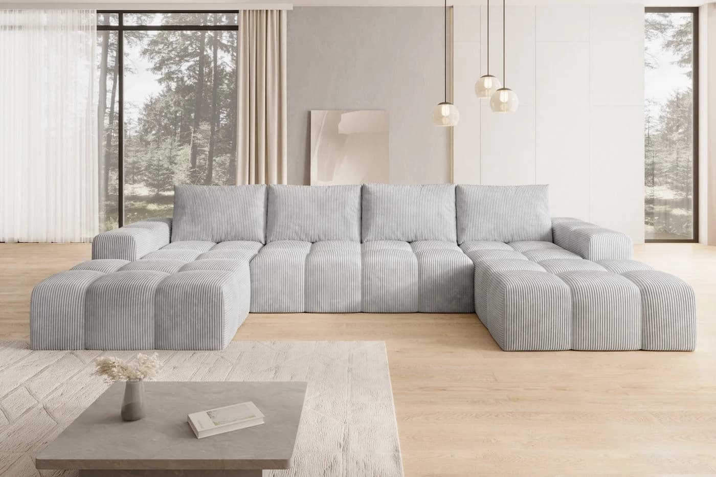 PROMETO Möbel Ecksofa U-Form Cento Hellgrau Teddy-Bouclé