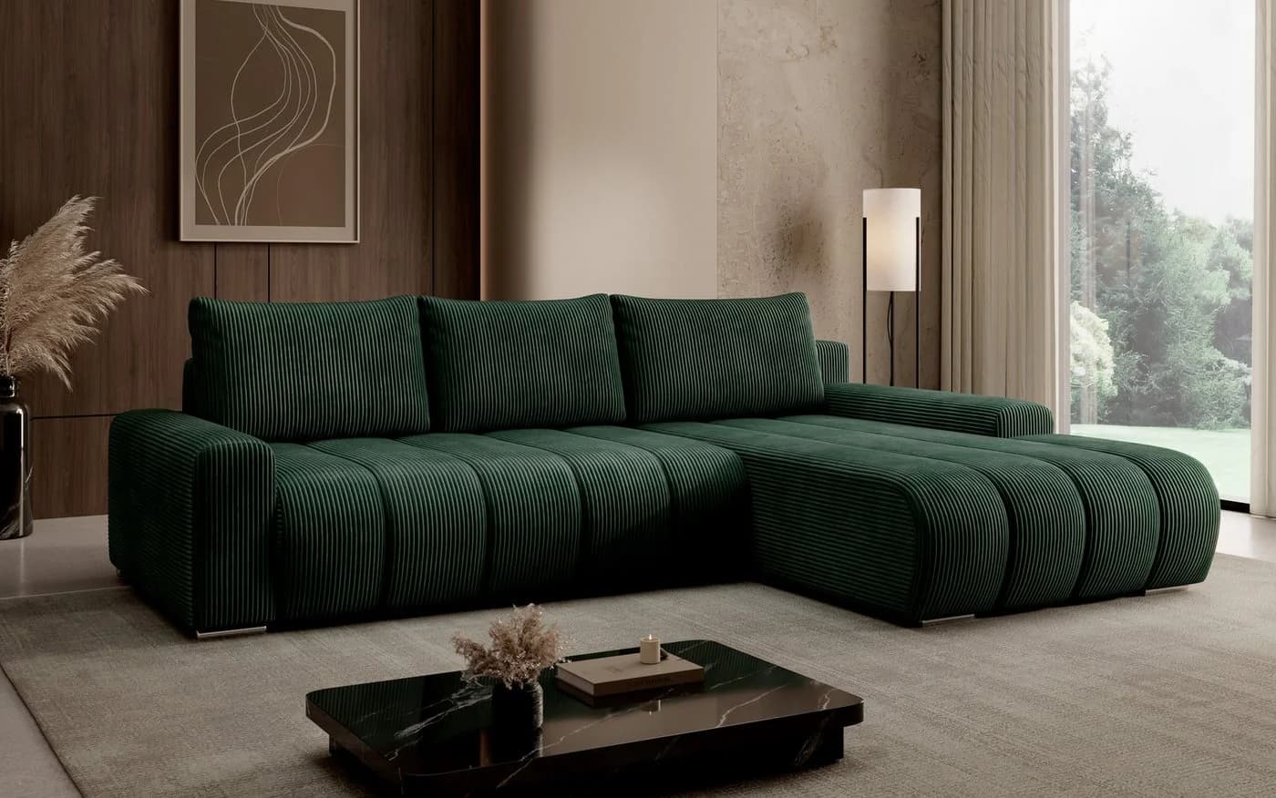PROMETO Ecksofa Porto L mit Schlaffunktion und Bettkasten L-Form Grün
