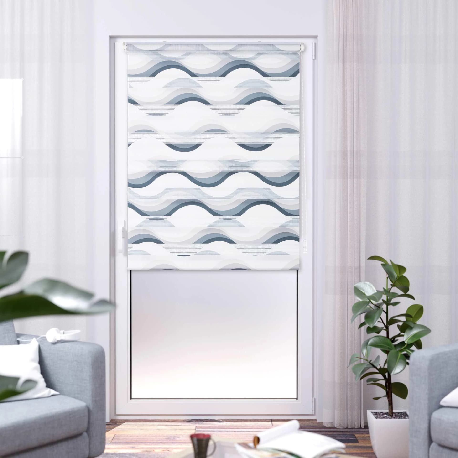 K-HOME Doppelrollo Wellen Design Grau Weiß Klemmfix