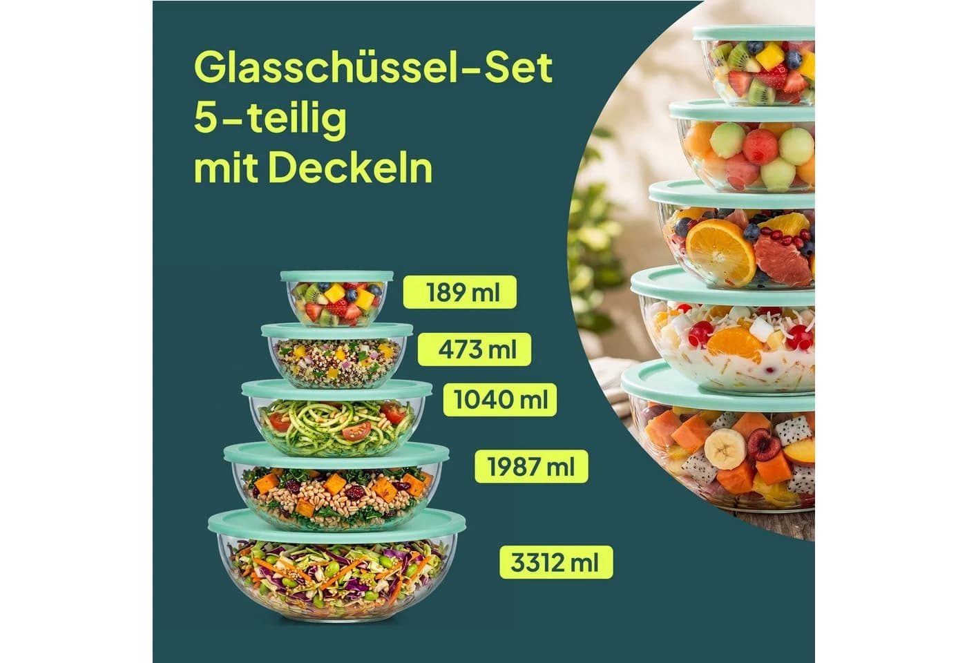 uandu home 5er Glas-Salatschüssel Set mit Deckel BPA-frei Stapelbar
