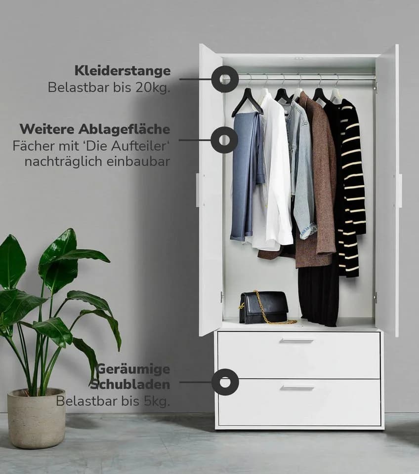 mokebo Kleiderschrank Weiß 2-türig mit Schubladen