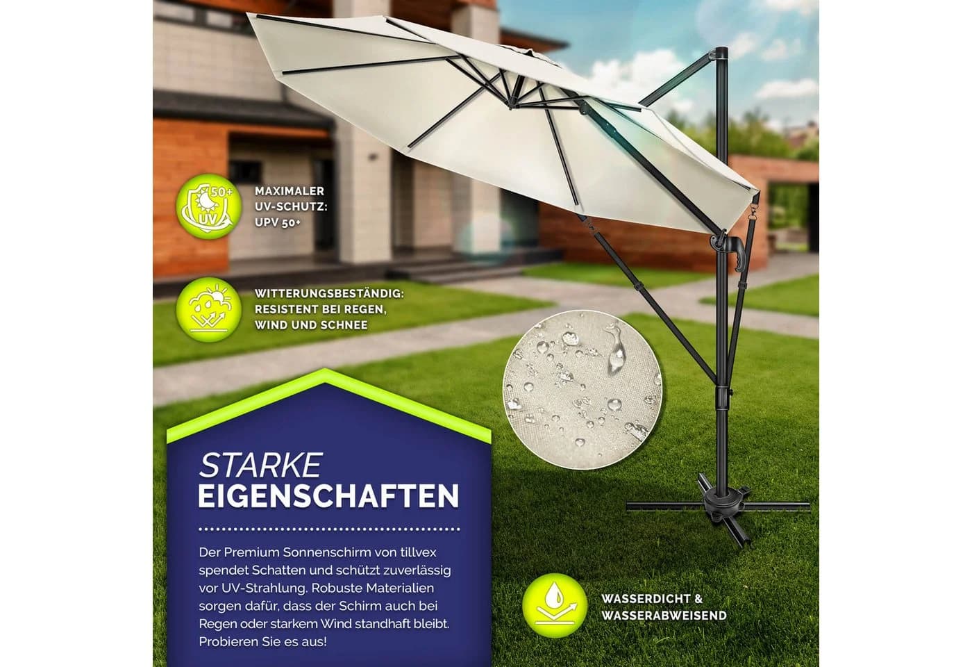 tillvex Sonnenschirm 330 cm Aluminium Beige 6-fach Verstellbar