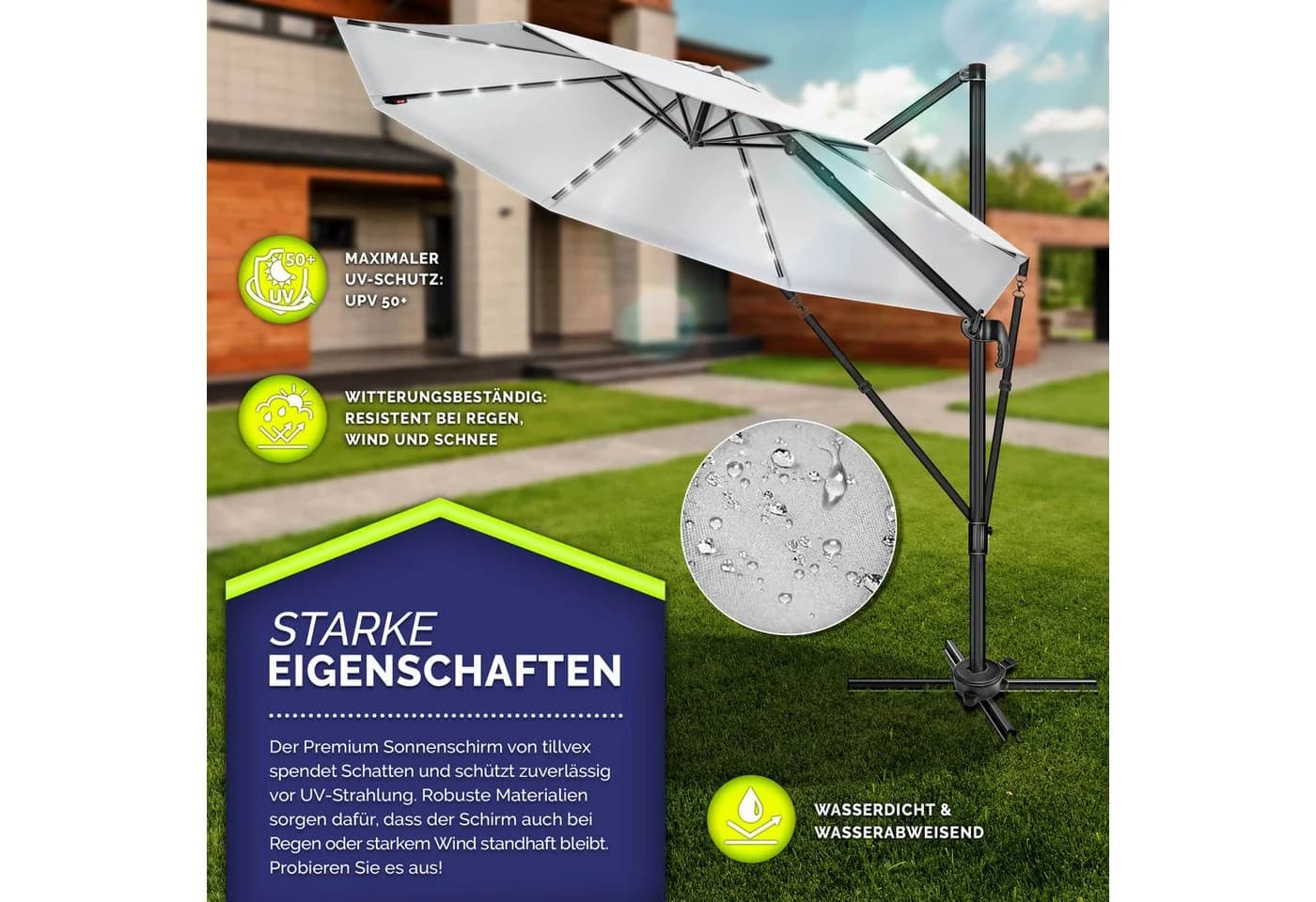 tillvex Sonnenschirm 330 cm Grau Aluminium mit LED & Solar