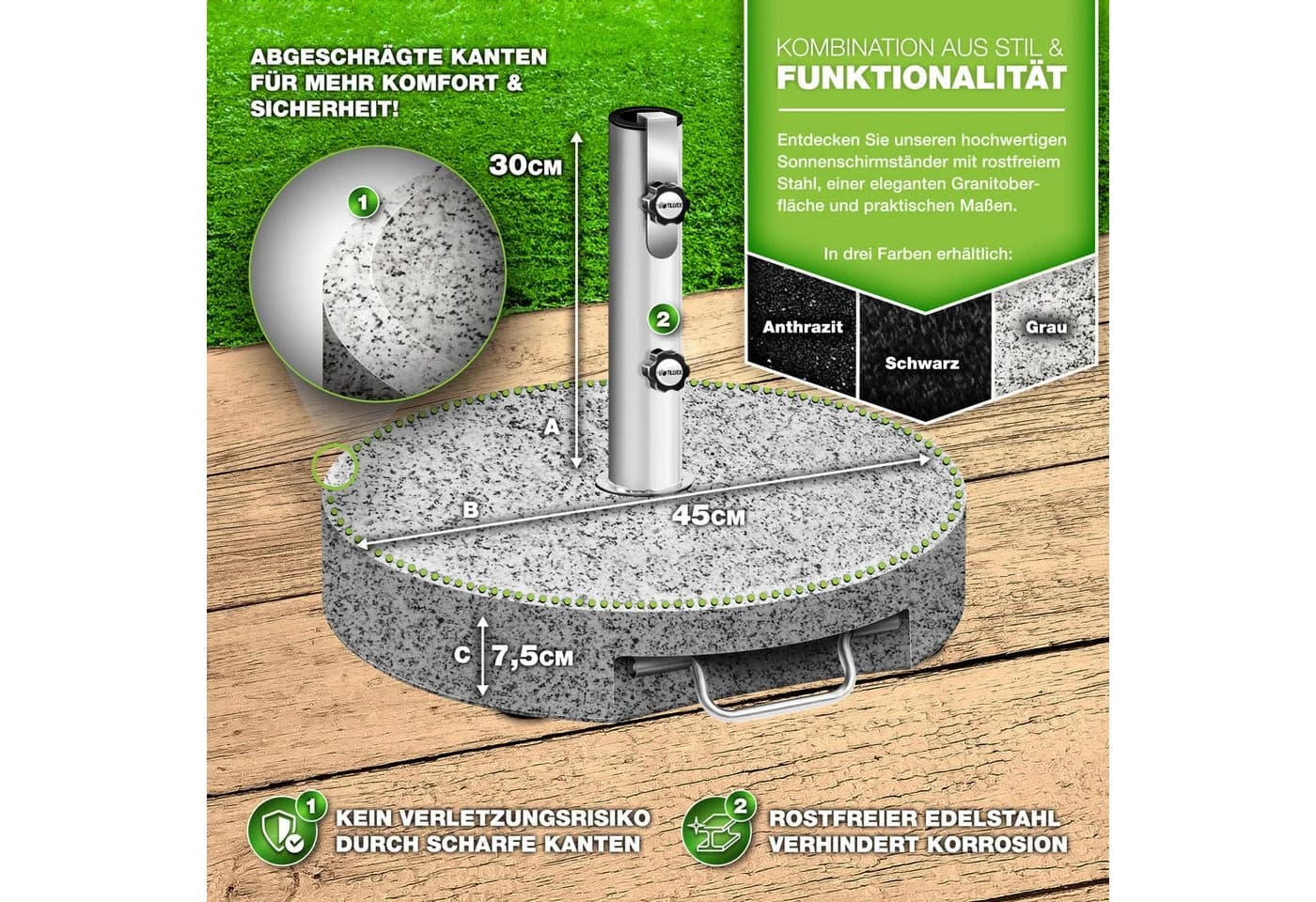 tillvex Granit Sonnenschirmständer Grau mit Rollen