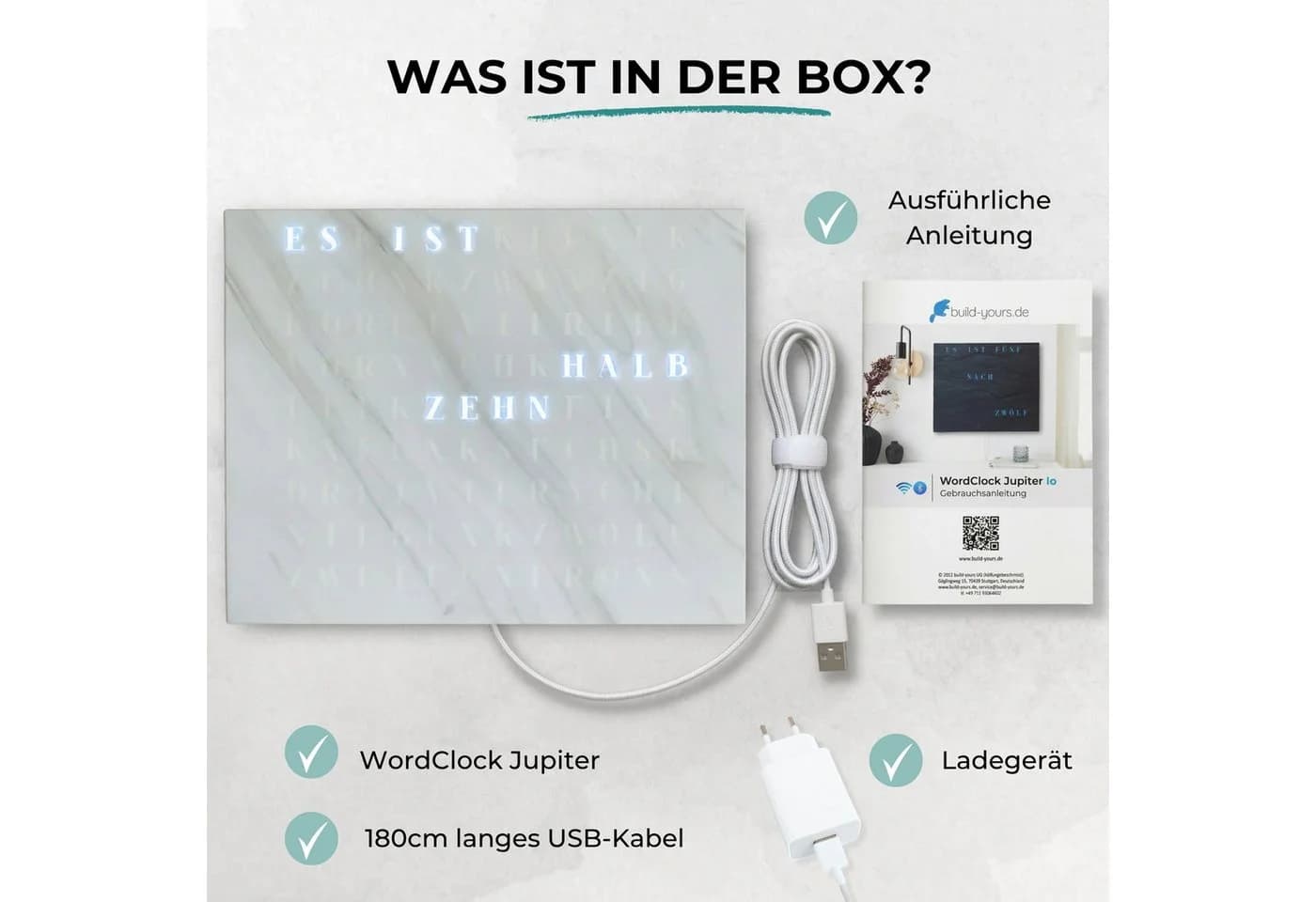 Build-Yours.De Wanduhr WordClock Jupiter Weißer Marmor Optik-Wortuhr in Deutsch-LED Wanduhr