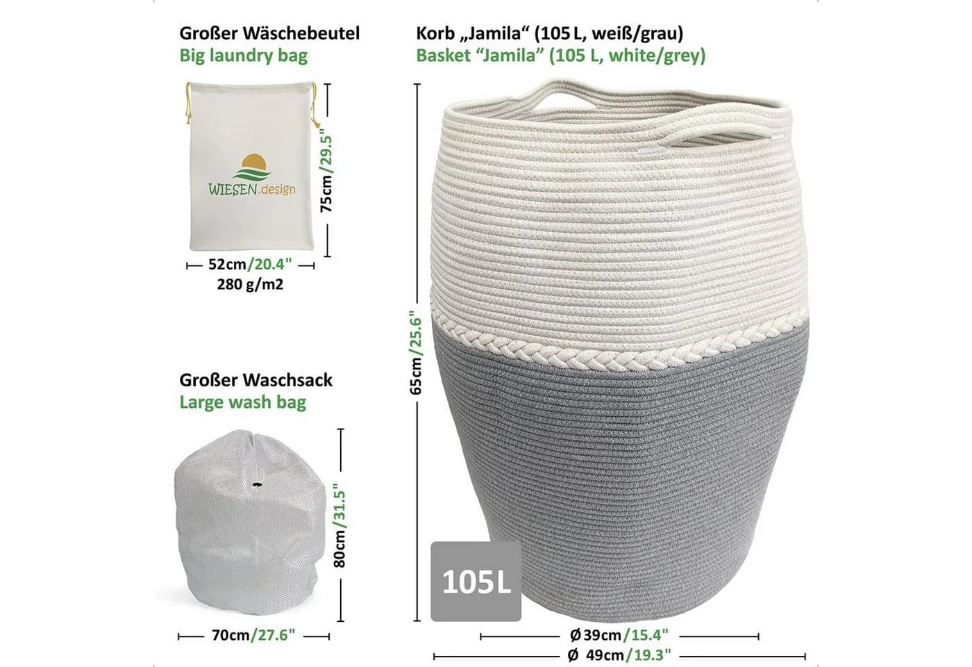 WIESEN.design Wäschekorb Jamila Grau/Weiß 105L Baumwolle geflochten