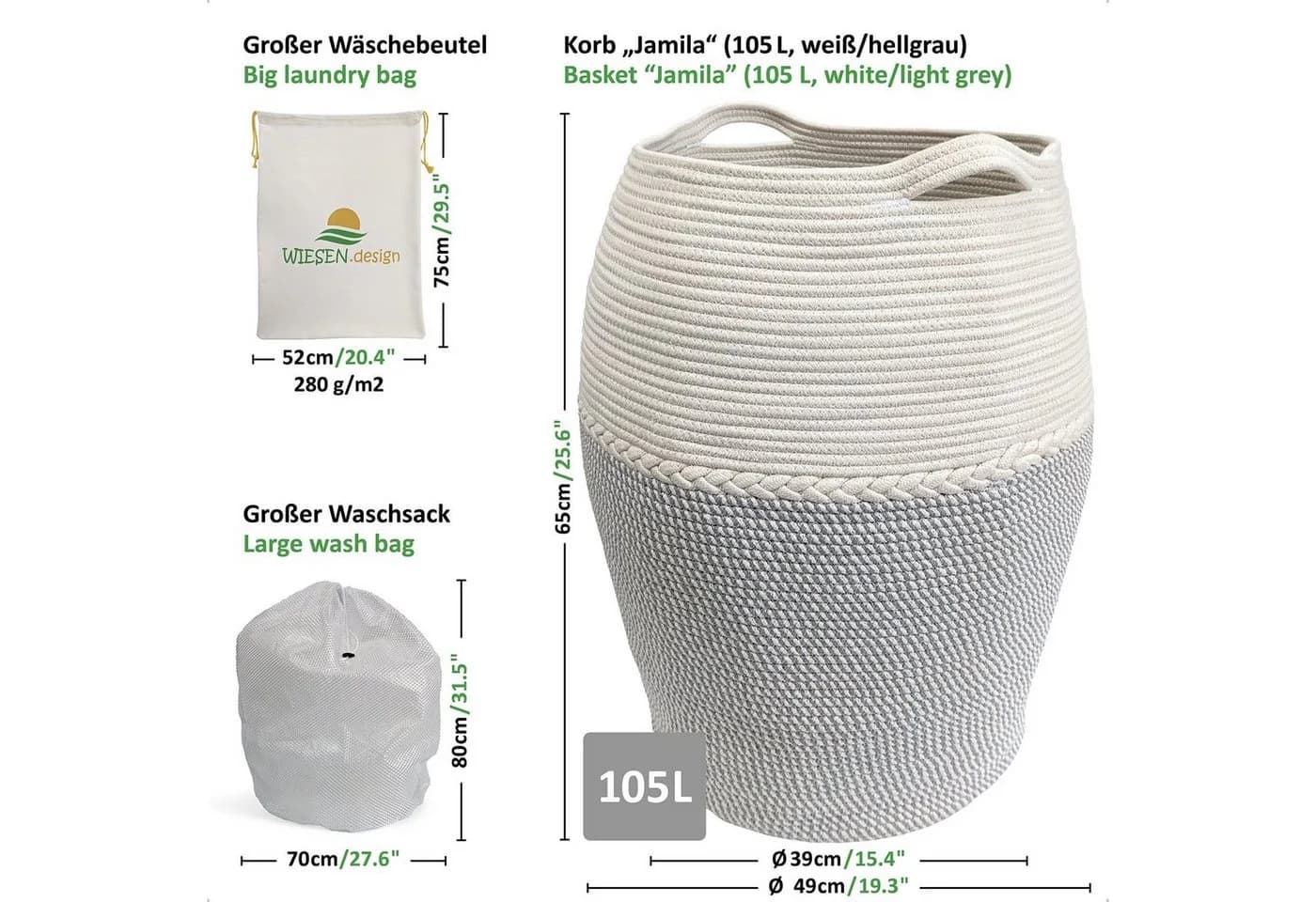 WIESEN.design Wäschekorb Jamila Grau/Weiß 105L Baumwolle