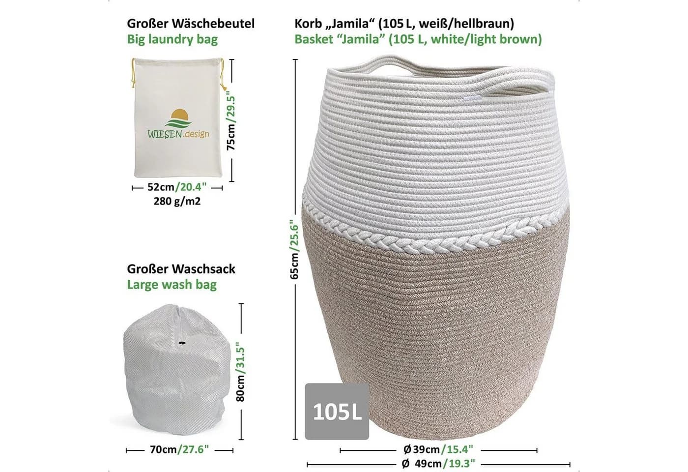 WIESEN.design Wäschekorb Jamila Braun/Weiß 105L Baumwolle
