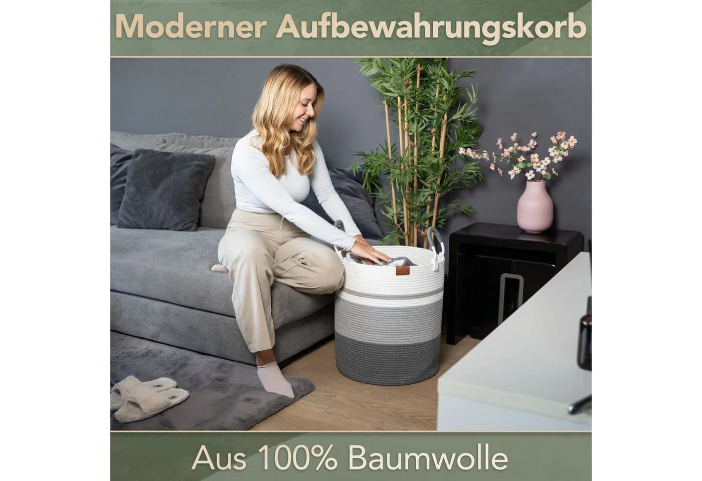 WIESEN.design Wäschekorb EMILIA Grau Geflochten Faltbar