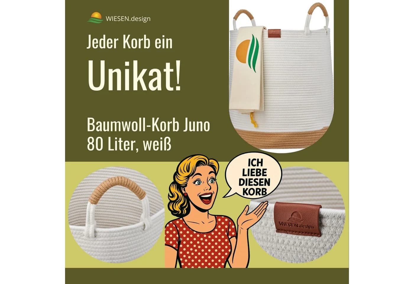 WIESEN.design Wäschekorb 80L Baumwollseil