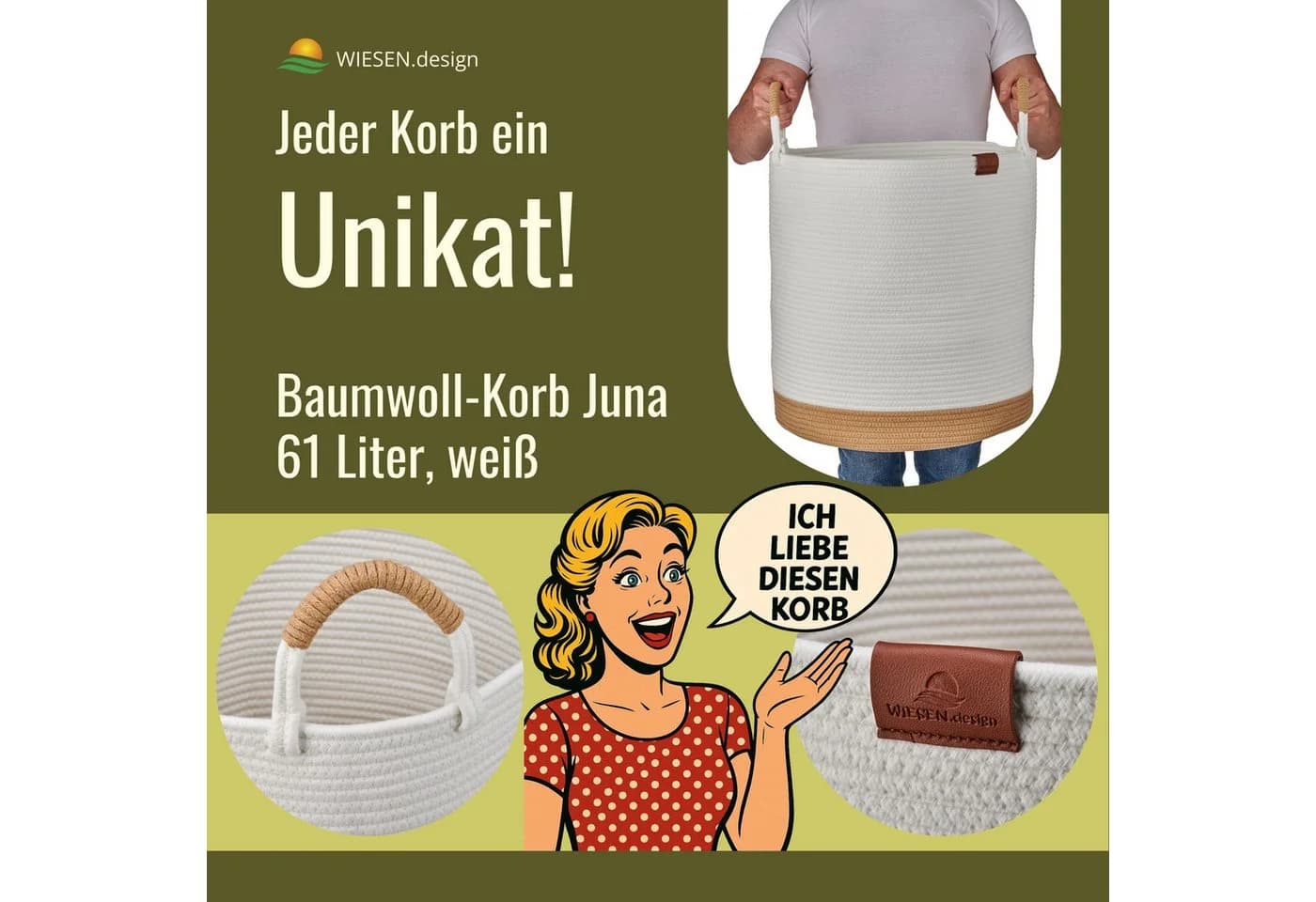 WIESEN.design Wäschekorb 61L Baumwollseil Weiß