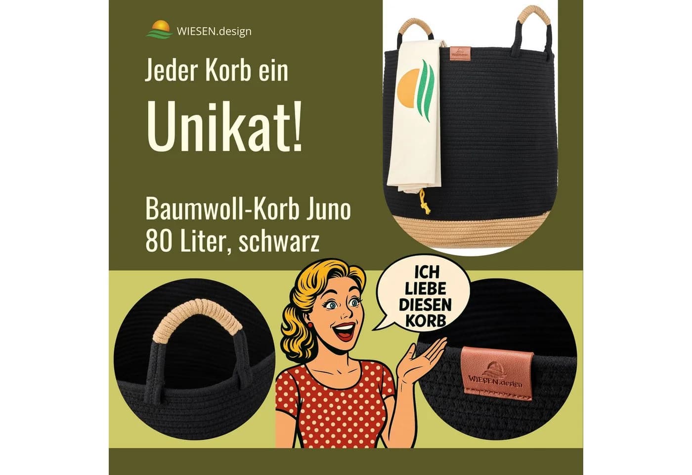 WIESEN.design Wäschekorb 80L Baumwollseil Schwarz