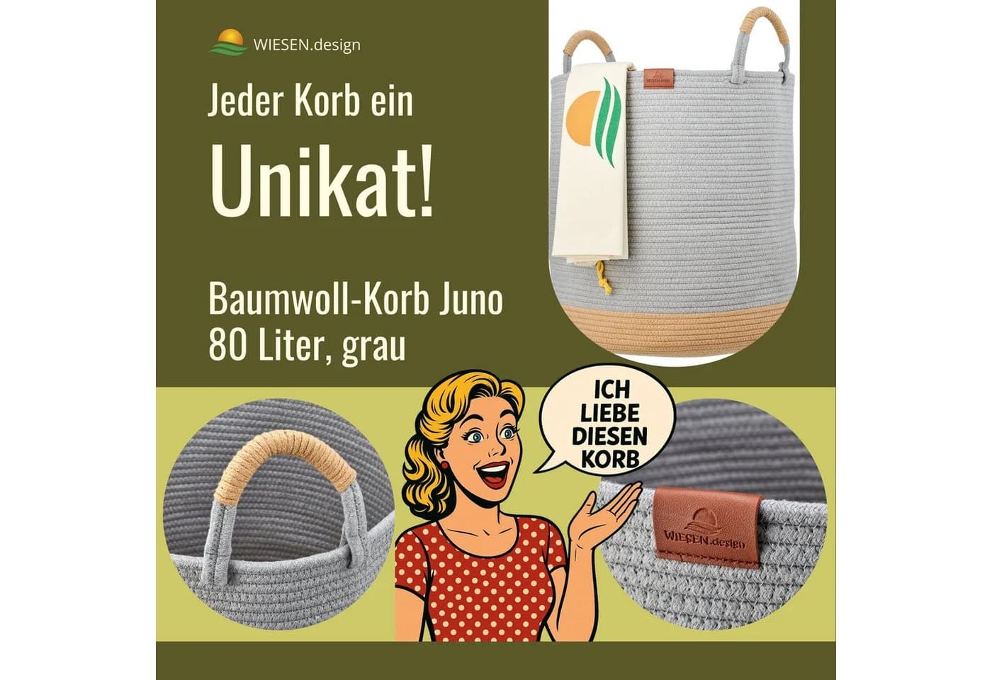 WIESEN.design Wäschekorb Juna 80L Baumwollseil 80L