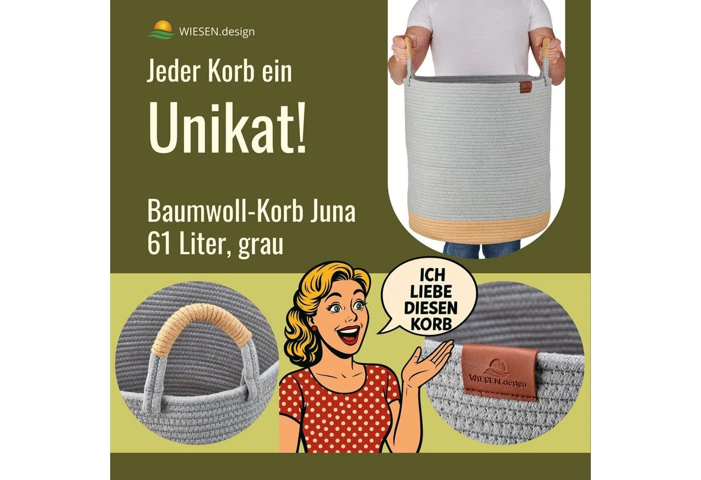 WIESEN.design Wäschekorb Groß 61L Baumwollseil