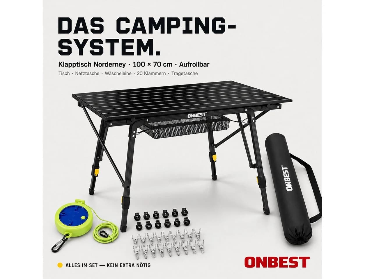 Onbest Klapptisch Norderney mit Wäscheleine 20x Wäscheklammern, höhenverstellbar, 100 x 70 cm