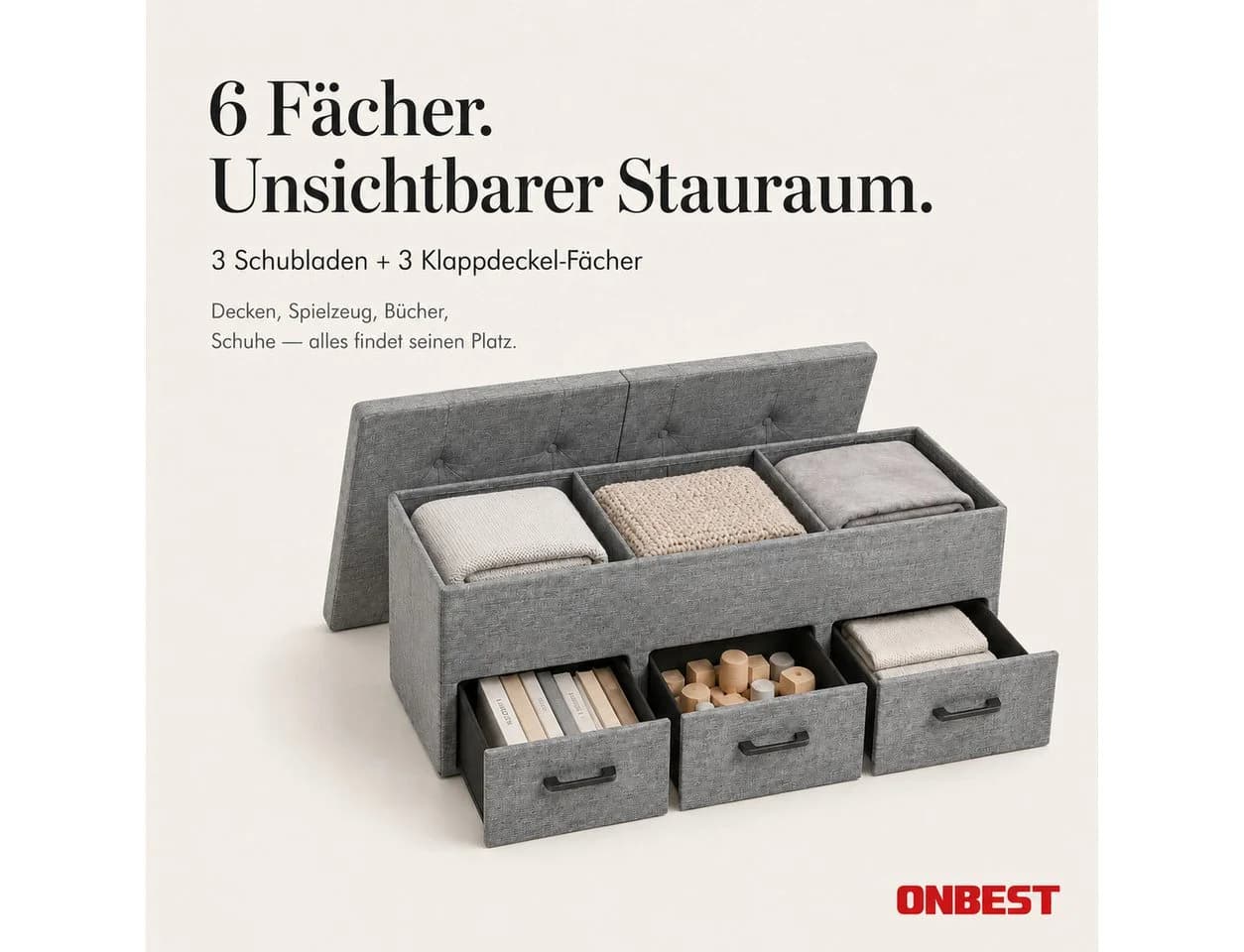 Onbest Sitzbank mit Stauraum gepolstert faltbar Grau Leinenoptik