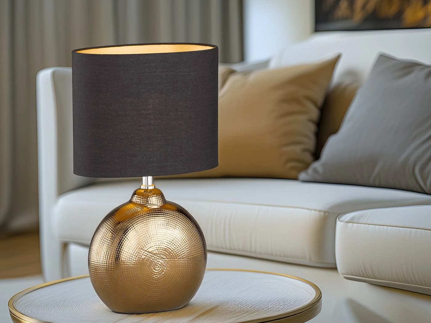 FISCHER & HONSEL LED Nachttischlampe, Keramik Bronze, Schwarz Gold, 39 cm